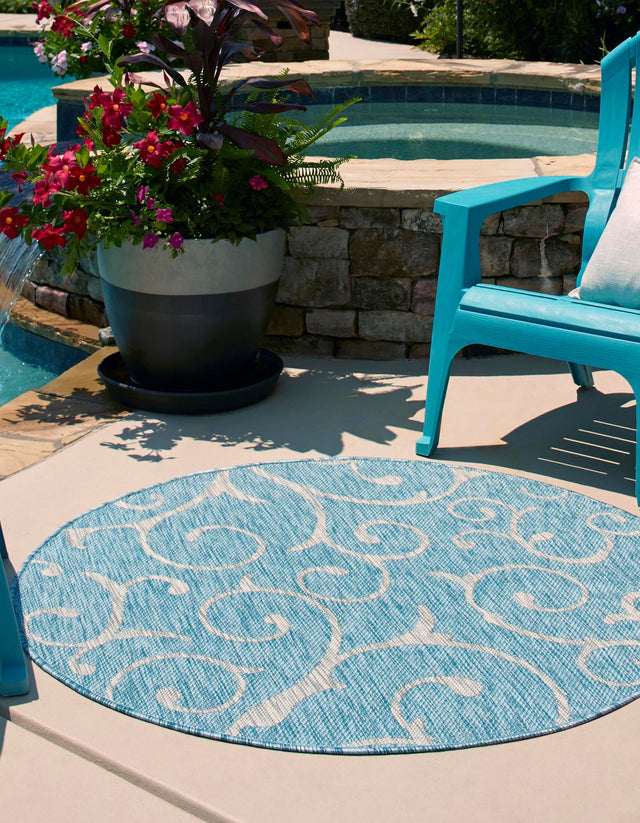 Light Aqua 10' 8 x 10' 8 Outdoor Botanical Round Area Rug Weather Resistant for Patio, Deck, Terrace, Balcony, Porch Polypropylene Garden Floral Tropical Carpet for Sale at Rug Engine