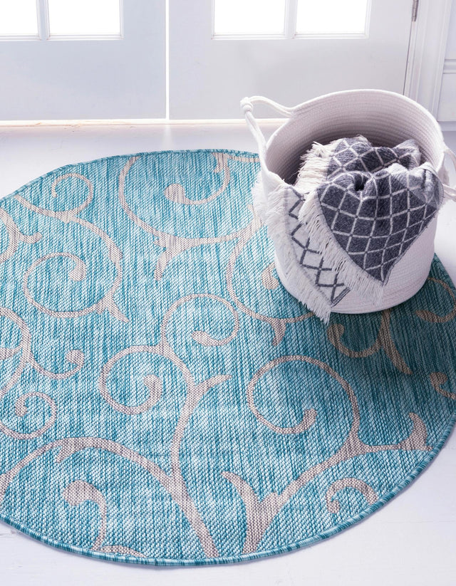 Light Aqua 4' 1 x 4' 1 Outdoor Botanical Round Area Rug Weather Resistant for Patio, Deck, Terrace, Balcony, Porch Polypropylene Garden Floral Tropical Carpet for Sale at Rug Engine