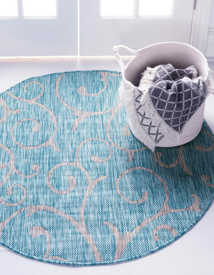 Light Aqua 13' 1 x 13' 1 Outdoor Botanical Round Area Rug Weather Resistant for Patio, Deck, Terrace, Balcony, Porch Polypropylene Garden Floral Tropical Carpet for Sale at Rug Engine