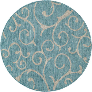 Light Aqua 4' 1 x 4' 1 Outdoor Botanical Round Area Rug Weather Resistant for Patio, Deck, Terrace, Balcony, Porch Polypropylene Garden Floral Tropical Carpet for Sale at Rug Engine