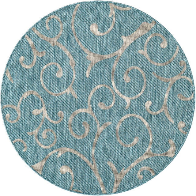 Light Aqua 4' 1 x 4' 1 Outdoor Botanical Round Area Rug Weather Resistant for Patio, Deck, Terrace, Balcony, Porch Polypropylene Garden Floral Tropical Carpet for Sale at Rug Engine