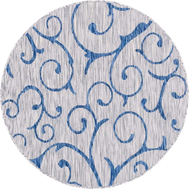 Gray 4' 1 x 4' 1 Outdoor Botanical Round Area Rug Weather Resistant for Patio, Deck, Terrace, Balcony, Porch Polypropylene Garden Floral Tropical Carpet for Sale at Rug Engine