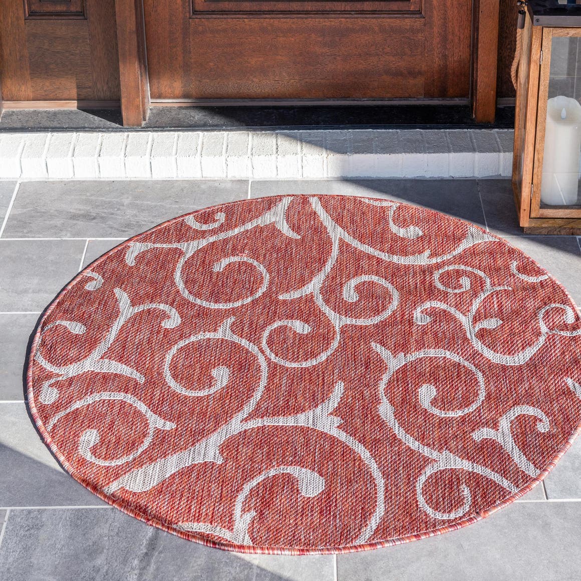 Rust Red 4' 1 x 4' 1 Outdoor Botanical Round Area Rug Weather Resistant for Patio, Deck, Terrace, Balcony, Porch Polypropylene Garden Floral Tropical Carpet for Sale at Rug Engine