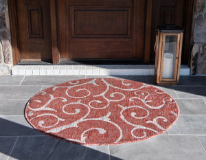 Rust Red 4' 1 x 4' 1 Outdoor Botanical Round Area Rug Weather Resistant for Patio, Deck, Terrace, Balcony, Porch Polypropylene Garden Floral Tropical Carpet for Sale at Rug Engine