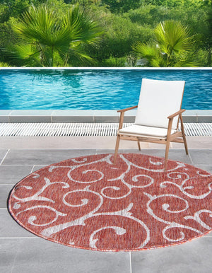 Rust Red 13' 1 x 13' 1 Outdoor Botanical Round Area Rug Weather Resistant for Patio, Deck, Terrace, Balcony, Porch Polypropylene Garden Floral Tropical Carpet for Sale at Rug Engine