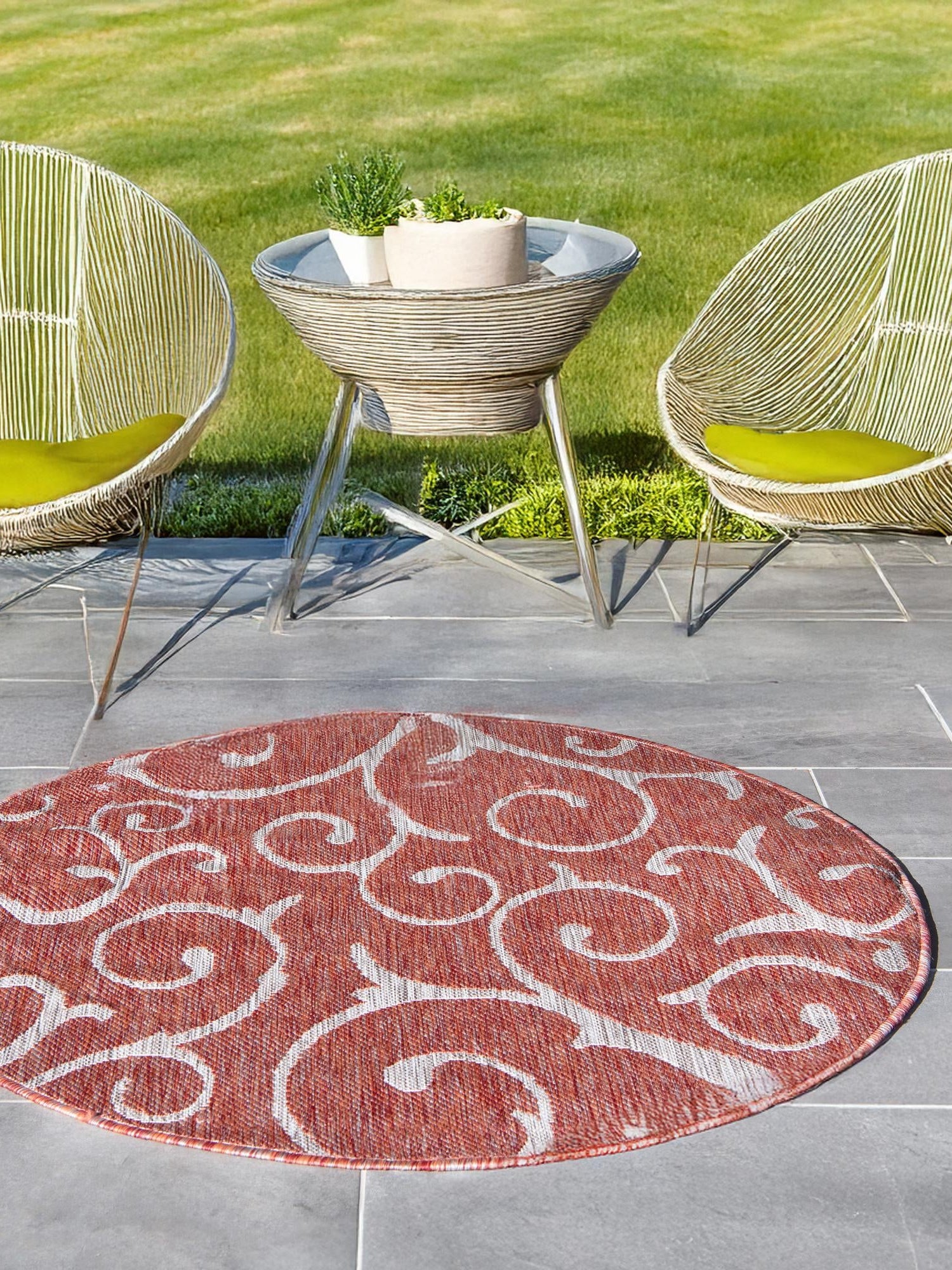 Rust Red 13' 1 x 13' 1 Outdoor Botanical Round Area Rug Weather Resistant for Patio, Deck, Terrace, Balcony, Porch Polypropylene Garden Floral Tropical Carpet for Sale at Rug Engine