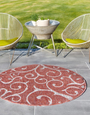 Rust Red 13' 1 x 13' 1 Outdoor Botanical Round Area Rug Weather Resistant for Patio, Deck, Terrace, Balcony, Porch Polypropylene Garden Floral Tropical Carpet for Sale at Rug Engine