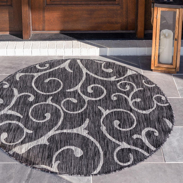 Charcoal Gray 10' 8 x 10' 8 Outdoor Botanical Round Area Rug Weather Resistant for Patio, Deck, Terrace, Balcony, Porch Polypropylene Garden Floral Tropical Carpet for Sale at Rug Engine