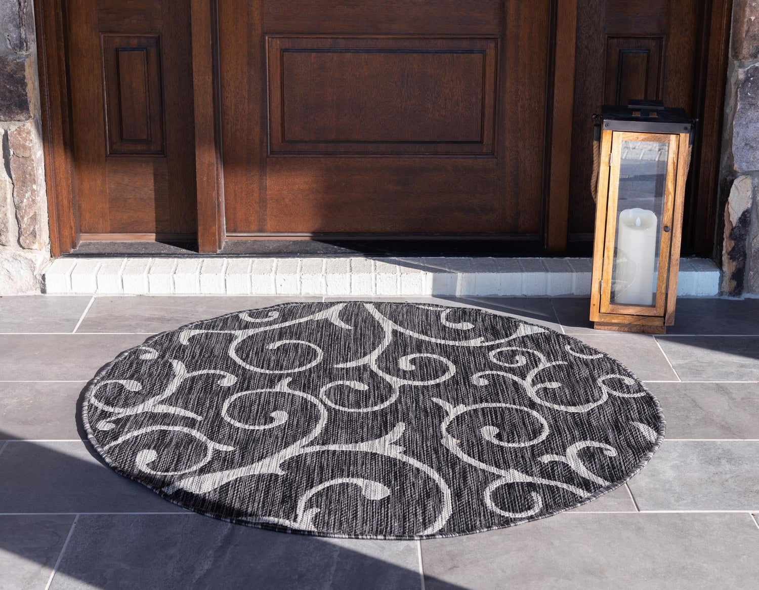 Charcoal Gray 10' 8 x 10' 8 Outdoor Botanical Round Area Rug Weather Resistant for Patio, Deck, Terrace, Balcony, Porch Polypropylene Garden Floral Tropical Carpet for Sale at Rug Engine