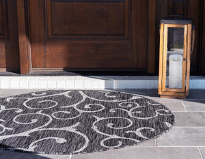 Charcoal Gray 4' 1 x 4' 1 Outdoor Botanical Round Area Rug Weather Resistant for Patio, Deck, Terrace, Balcony, Porch Polypropylene Garden Floral Tropical Carpet for Sale at Rug Engine