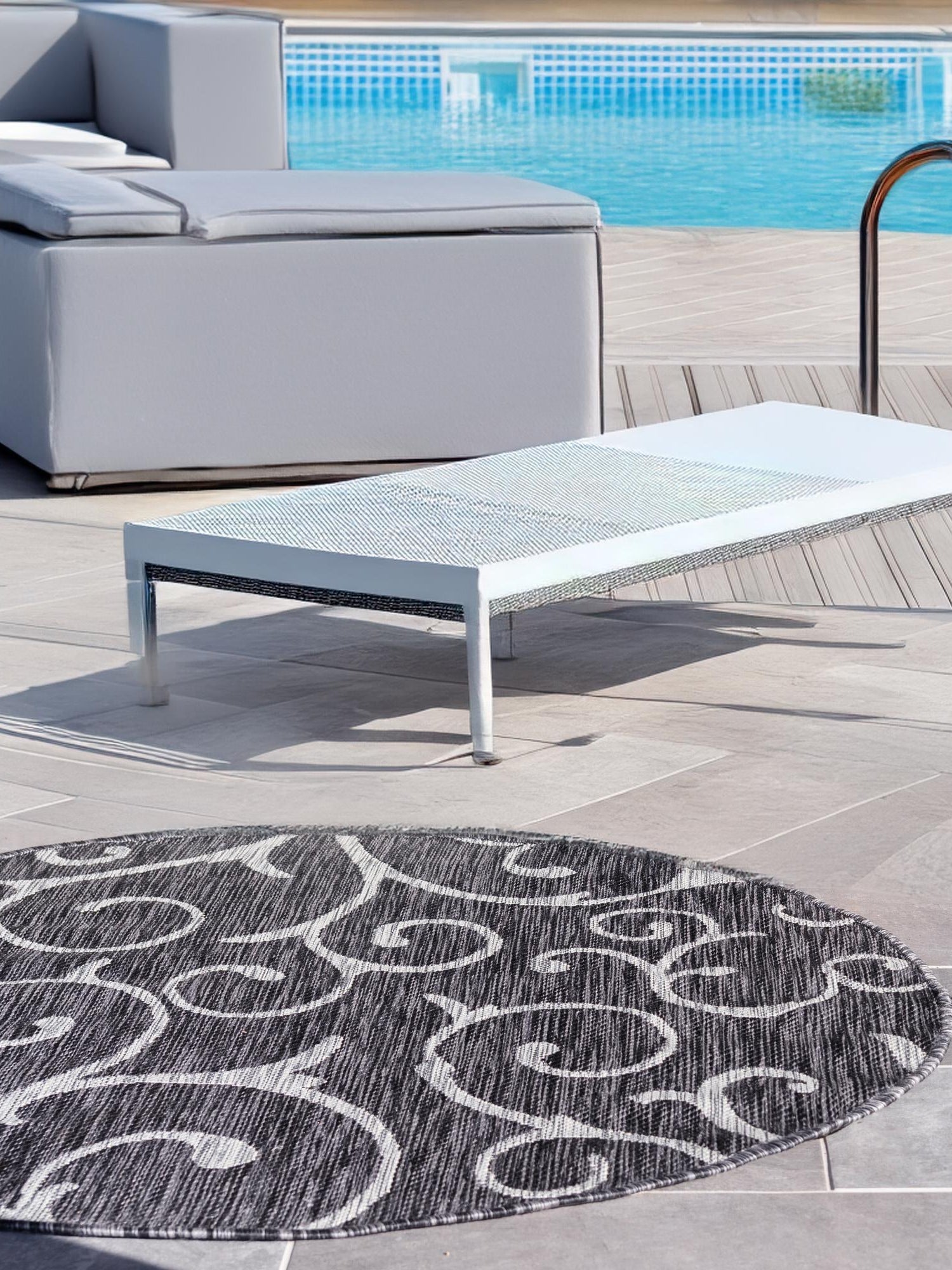 Charcoal Gray 13' 1 x 13' 1 Outdoor Botanical Round Area Rug Weather Resistant for Patio, Deck, Terrace, Balcony, Porch Polypropylene Garden Floral Tropical Carpet for Sale at Rug Engine