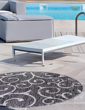 Charcoal Gray 13' 1 x 13' 1 Outdoor Botanical Round Area Rug Weather Resistant for Patio, Deck, Terrace, Balcony, Porch Polypropylene Garden Floral Tropical Carpet for Sale at Rug Engine