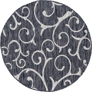 Charcoal Gray 4' 1 x 4' 1 Outdoor Botanical Round Area Rug Weather Resistant for Patio, Deck, Terrace, Balcony, Porch Polypropylene Garden Floral Tropical Carpet for Sale at Rug Engine