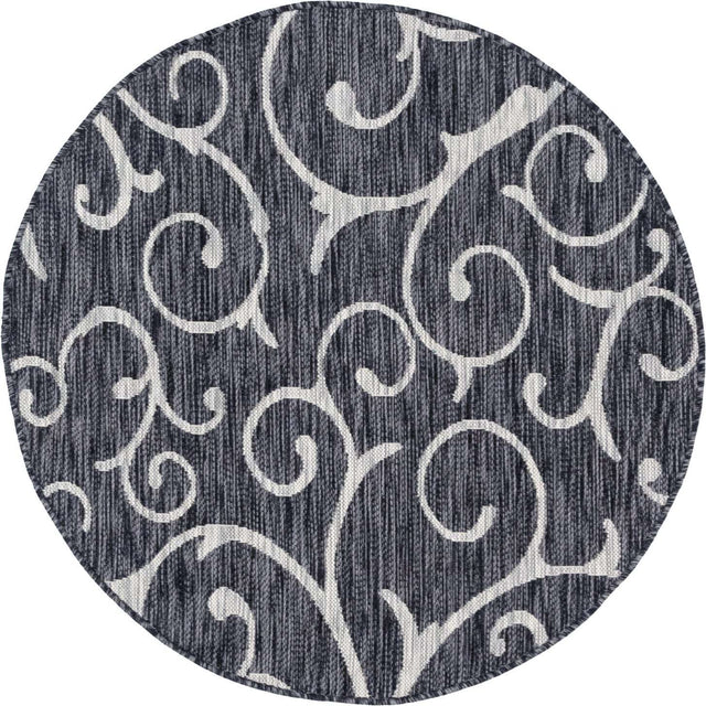 Charcoal Gray 4' 1 x 4' 1 Outdoor Botanical Round Area Rug Weather Resistant for Patio, Deck, Terrace, Balcony, Porch Polypropylene Garden Floral Tropical Carpet for Sale at Rug Engine