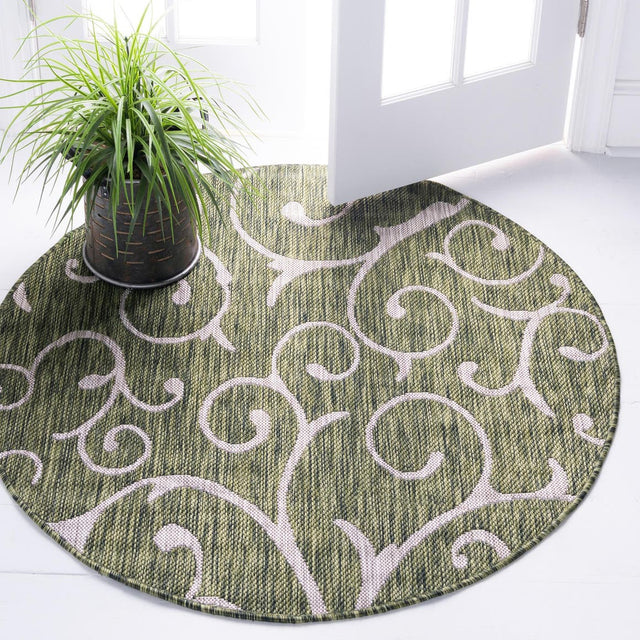 Green 10' 8 x 10' 8 Outdoor Botanical Round Area Rug Weather Resistant for Patio, Deck, Terrace, Balcony, Porch Polypropylene Garden Floral Tropical Carpet for Sale at Rug Engine