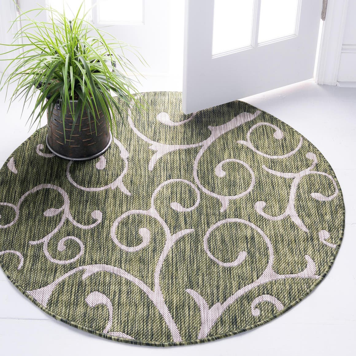 Green 13' 1 x 13' 1 Outdoor Botanical Round Area Rug Weather Resistant for Patio, Deck, Terrace, Balcony, Porch Polypropylene Garden Floral Tropical Carpet for Sale at Rug Engine