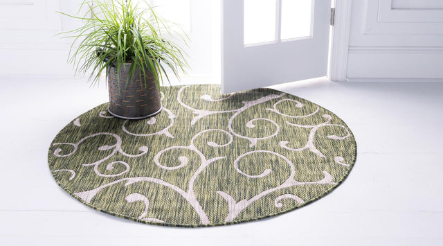 Green 10' 8 x 10' 8 Outdoor Botanical Round Area Rug Weather Resistant for Patio, Deck, Terrace, Balcony, Porch Polypropylene Garden Floral Tropical Carpet for Sale at Rug Engine