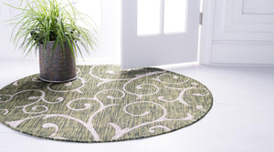 Green 4' 1 x 4' 1 Outdoor Botanical Round Area Rug Weather Resistant for Patio, Deck, Terrace, Balcony, Porch Polypropylene Garden Floral Tropical Carpet for Sale at Rug Engine