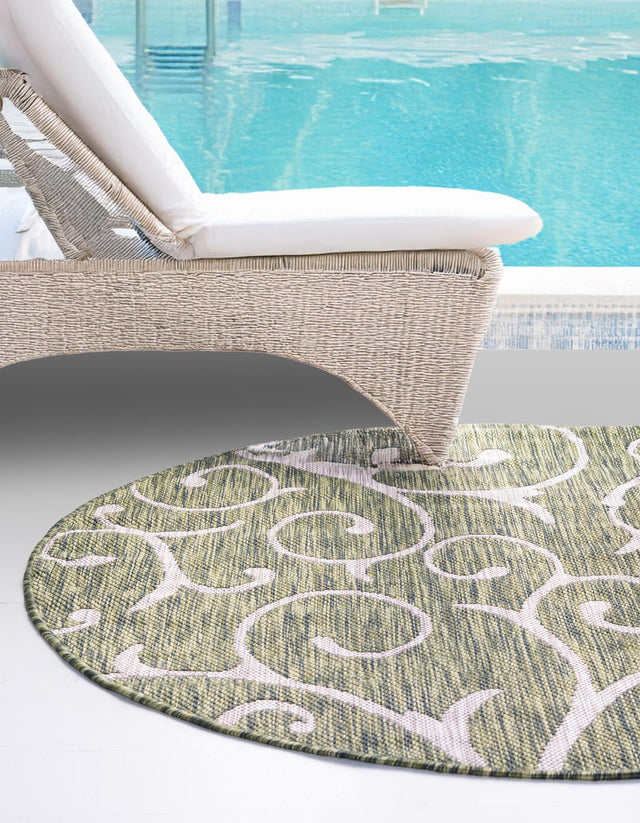 Green 13' 1 x 13' 1 Outdoor Botanical Round Area Rug Weather Resistant for Patio, Deck, Terrace, Balcony, Porch Polypropylene Garden Floral Tropical Carpet for Sale at Rug Engine