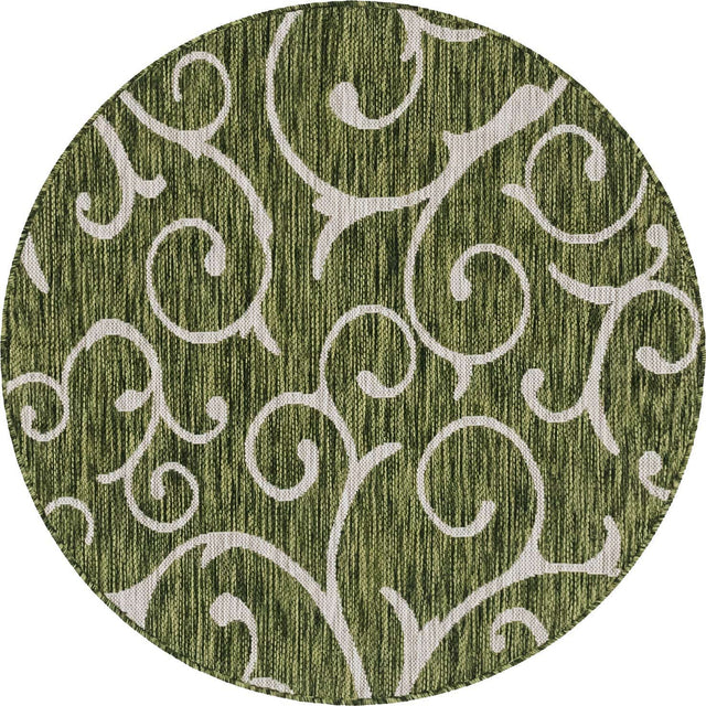Green 4' 1 x 4' 1 Outdoor Botanical Round Area Rug Weather Resistant for Patio, Deck, Terrace, Balcony, Porch Polypropylene Garden Floral Tropical Carpet for Sale at Rug Engine