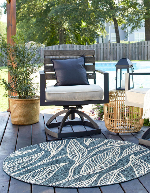 Teal 13' 1 x 13' 1 Outdoor Botanical Round Area Rug Weather Resistant for Patio, Deck, Terrace, Balcony, Porch Polypropylene Garden Floral Tropical Carpet for Sale at Rug Engine