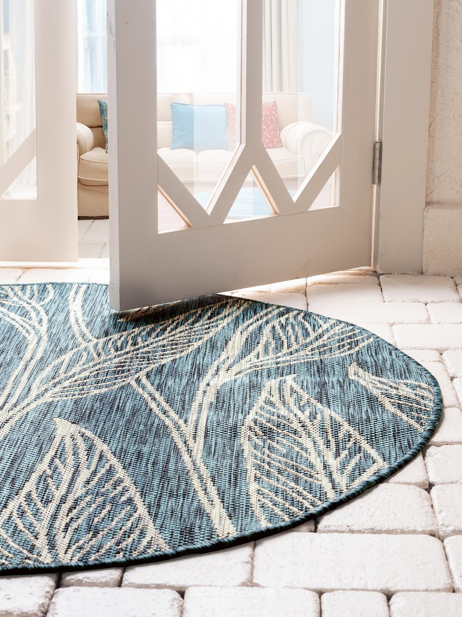 Teal 13' 1 x 13' 1 Outdoor Botanical Round Area Rug Weather Resistant for Patio, Deck, Terrace, Balcony, Porch Polypropylene Garden Floral Tropical Carpet for Sale at Rug Engine