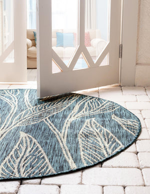 Teal 13' 1 x 13' 1 Outdoor Botanical Round Area Rug Weather Resistant for Patio, Deck, Terrace, Balcony, Porch Polypropylene Garden Floral Tropical Carpet for Sale at Rug Engine