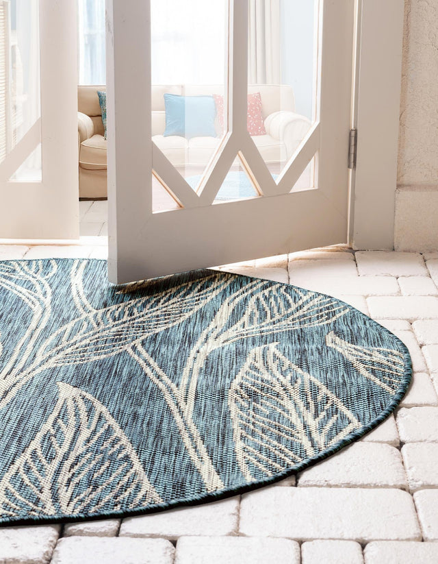 Teal 13' 1 x 13' 1 Outdoor Botanical Round Area Rug Weather Resistant for Patio, Deck, Terrace, Balcony, Porch Polypropylene Garden Floral Tropical Carpet for Sale at Rug Engine