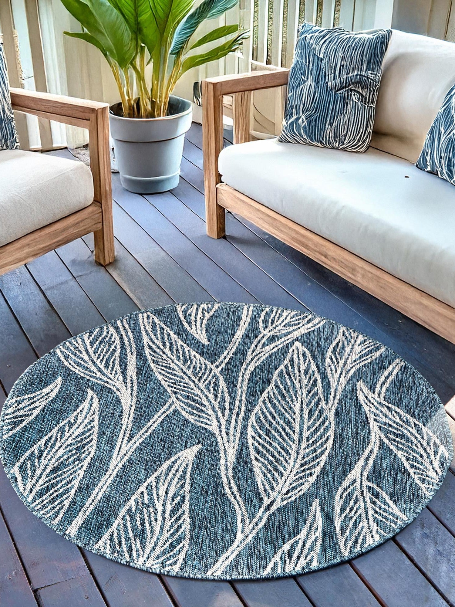 Teal 10' 8 x 10' 8 Outdoor Botanical Round Area Rug Weather Resistant for Patio, Deck, Terrace, Balcony, Porch Polypropylene Garden Floral Tropical Carpet for Sale at Rug Engine