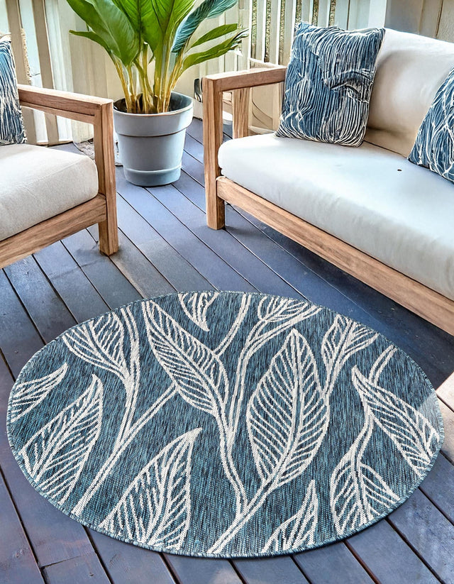 Teal 13' 1 x 13' 1 Outdoor Botanical Round Area Rug Weather Resistant for Patio, Deck, Terrace, Balcony, Porch Polypropylene Garden Floral Tropical Carpet for Sale at Rug Engine