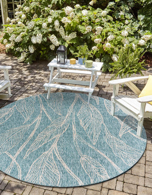 Light Aqua 11' x 11' Outdoor Botanical Round Area Rug Weather Resistant for Patio, Deck, Terrace, Balcony, Porch Polypropylene Garden Floral Tropical Carpet for Sale at Rug Engine