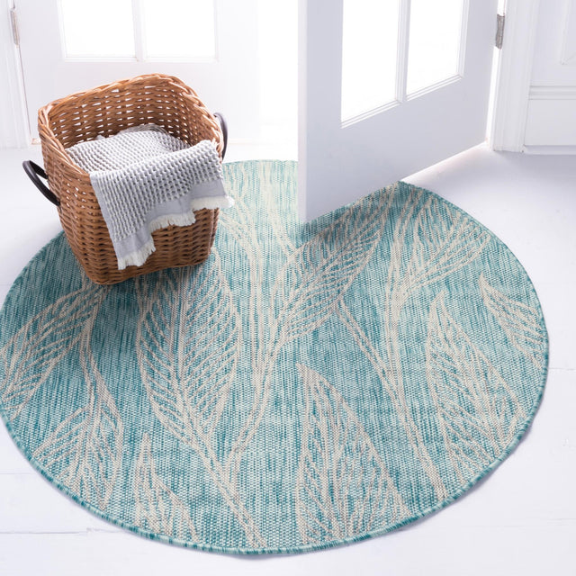 Light Aqua 13' 1 x 13' 1 Outdoor Botanical Round Area Rug Weather Resistant for Patio, Deck, Terrace, Balcony, Porch Polypropylene Garden Floral Tropical Carpet for Sale at Rug Engine
