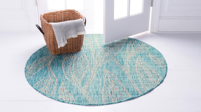 Light Aqua 13' 1 x 13' 1 Outdoor Botanical Round Area Rug Weather Resistant for Patio, Deck, Terrace, Balcony, Porch Polypropylene Garden Floral Tropical Carpet for Sale at Rug Engine