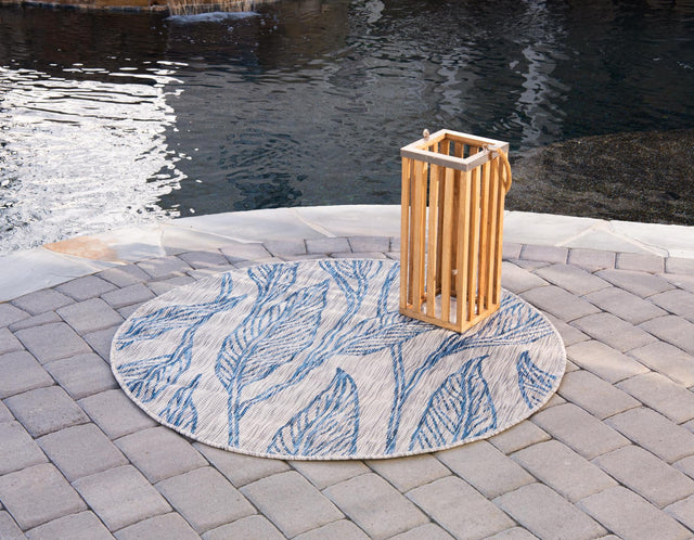 Light Gray 4' 1 x 4' 1 Outdoor Botanical Round Area Rug Weather Resistant for Patio, Deck, Terrace, Balcony, Porch Polypropylene Garden Floral Tropical Carpet for Sale at Rug Engine