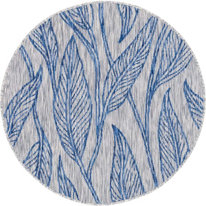 Light Gray 4' 1 x 4' 1 Outdoor Botanical Round Area Rug Weather Resistant for Patio, Deck, Terrace, Balcony, Porch Polypropylene Garden Floral Tropical Carpet for Sale at Rug Engine