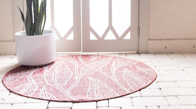 Rust Red 4' 1 x 4' 1 Outdoor Botanical Round Area Rug Weather Resistant for Patio, Deck, Terrace, Balcony, Porch Polypropylene Garden Floral Tropical Carpet for Sale at Rug Engine