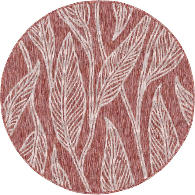 Rust Red 4' 1 x 4' 1 Outdoor Botanical Round Area Rug Weather Resistant for Patio, Deck, Terrace, Balcony, Porch Polypropylene Garden Floral Tropical Carpet for Sale at Rug Engine
