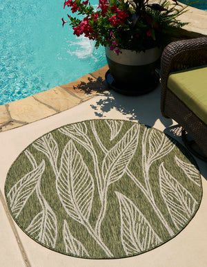 Green 4' 1 x 4' 1 Outdoor Botanical Round Area Rug Weather Resistant for Patio, Deck, Terrace, Balcony, Porch Polypropylene Garden Floral Tropical Carpet for Sale at Rug Engine
