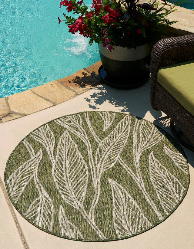 Green 4' 1 x 4' 1 Outdoor Botanical Round Area Rug Weather Resistant for Patio, Deck, Terrace, Balcony, Porch Polypropylene Garden Floral Tropical Carpet for Sale at Rug Engine
