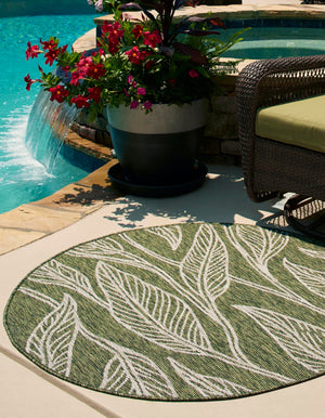 Green 4' 1 x 4' 1 Outdoor Botanical Round Area Rug Weather Resistant for Patio, Deck, Terrace, Balcony, Porch Polypropylene Garden Floral Tropical Carpet for Sale at Rug Engine
