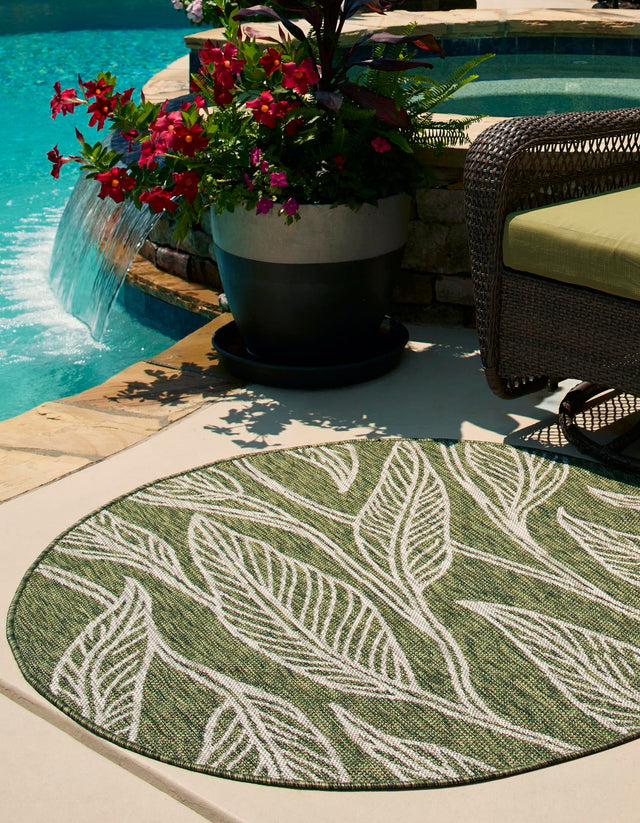 Green 4' 1 x 4' 1 Outdoor Botanical Round Area Rug Weather Resistant for Patio, Deck, Terrace, Balcony, Porch Polypropylene Garden Floral Tropical Carpet for Sale at Rug Engine