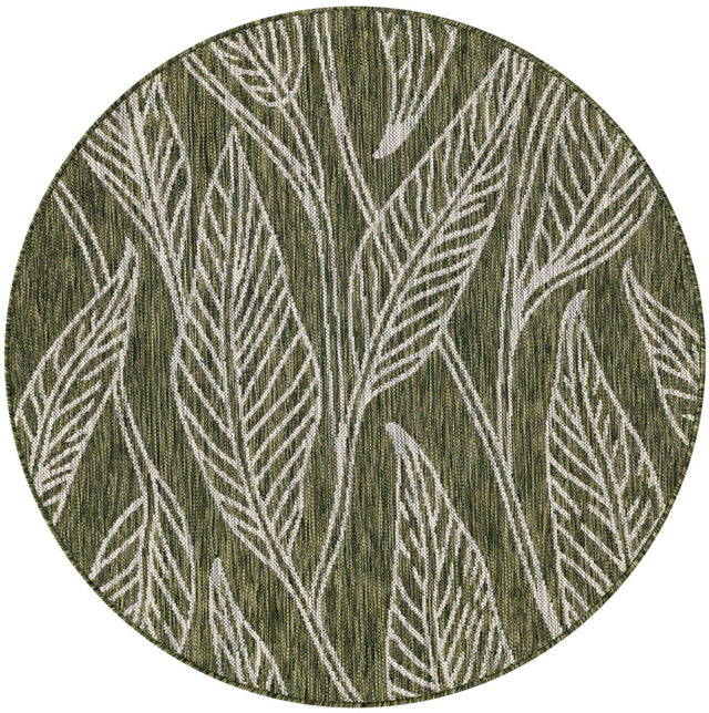 Green 4' 1 x 4' 1 Outdoor Botanical Round Area Rug Weather Resistant for Patio, Deck, Terrace, Balcony, Porch Polypropylene Garden Floral Tropical Carpet for Sale at Rug Engine