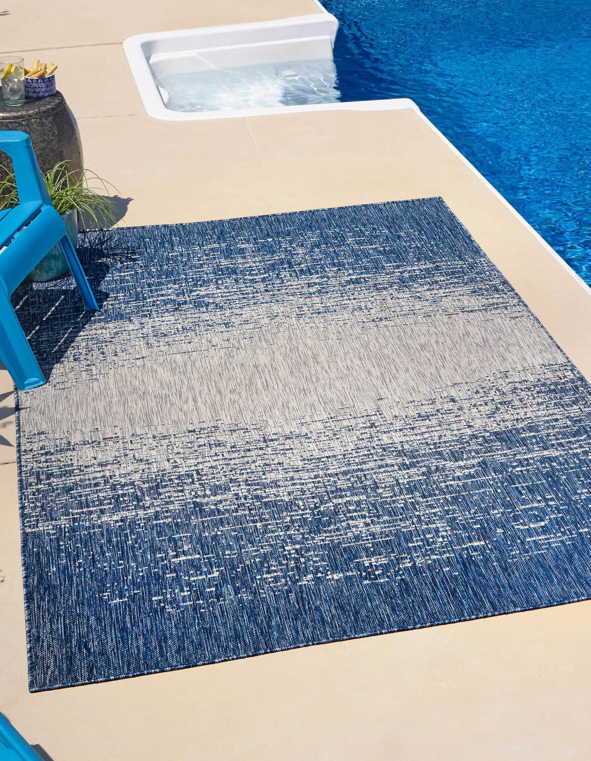 Blue 7' 1 x 10' Outdoor Modern Rectangle Area Rug Weather Resistant for Patio, Deck, Terrace, Balcony, Porch 100% Polypropylene Modern Outside Carpet for Sale at Rug Engine