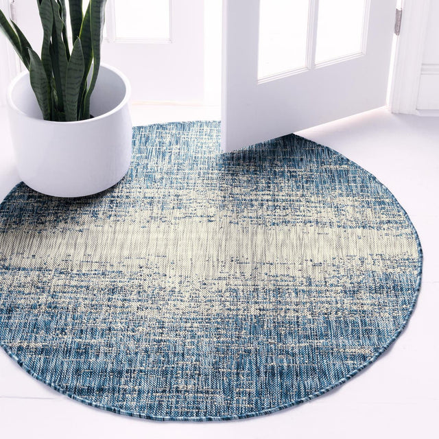 Blue 4' 1 x 4' 1 Outdoor Modern Round Area Rug Weather Resistant for Patio, Deck, Terrace, Balcony, Porch 100% Polypropylene Modern Outside Carpet for Sale at Rug Engine