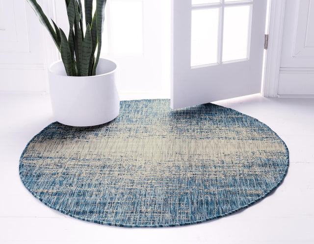 Blue 4' 1 x 4' 1 Outdoor Modern Round Area Rug Weather Resistant for Patio, Deck, Terrace, Balcony, Porch 100% Polypropylene Modern Outside Carpet for Sale at Rug Engine