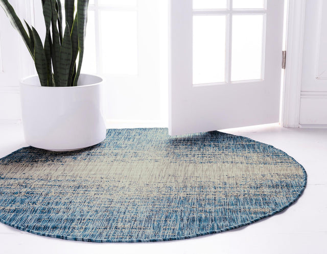 Blue 4' 1 x 4' 1 Outdoor Modern Round Area Rug Weather Resistant for Patio, Deck, Terrace, Balcony, Porch 100% Polypropylene Modern Outside Carpet for Sale at Rug Engine