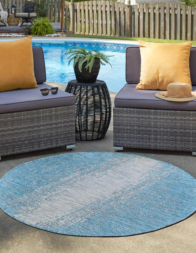 Aqua 4' 1 x 4' 1 Outdoor Modern Round Area Rug Weather Resistant for Patio, Deck, Terrace, Balcony, Porch 100% Polypropylene Modern Outside Carpet for Sale at Rug Engine