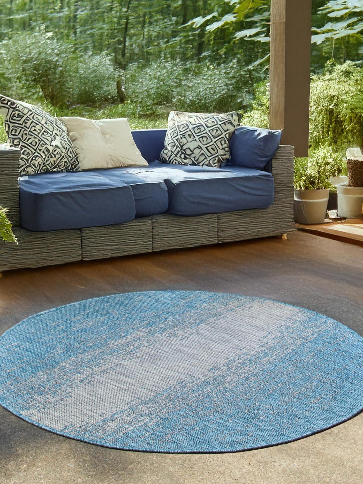 Aqua 10' 8 x 10' 8 Outdoor Modern Round Area Rug Weather Resistant for Patio, Deck, Terrace, Balcony, Porch 100% Polypropylene Modern Outside Carpet for Sale at Rug Engine