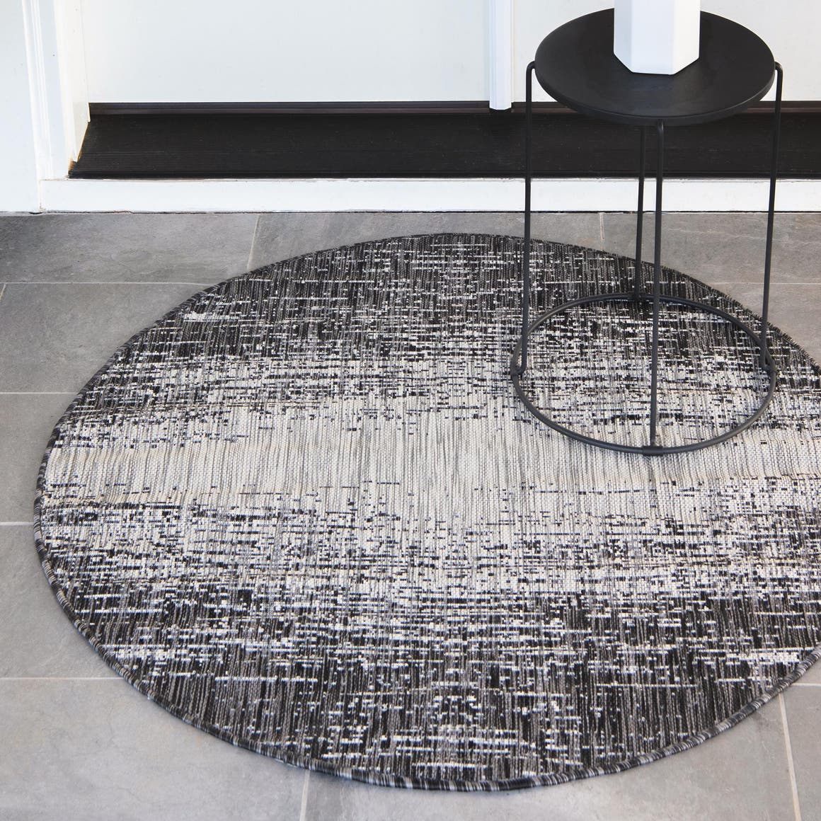 Charcoal Gray 7' 10 x 7' 10 Outdoor Modern Round Area Rug Weather Resistant for Patio, Deck, Terrace, Balcony, Porch 100% Polypropylene Modern Outside Carpet for Sale at Rug Engine