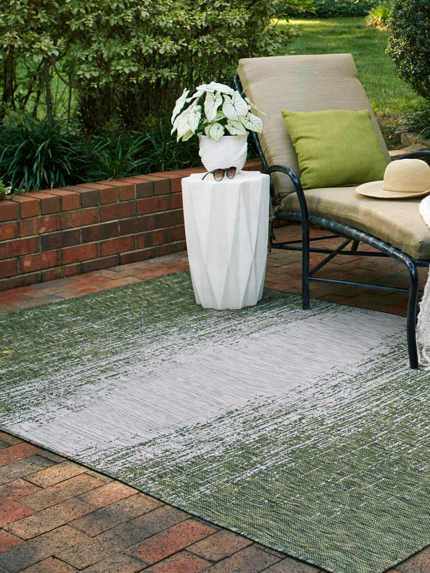 Green 7' 1 x 10' Outdoor Modern Rectangle Area Rug Weather Resistant for Patio, Deck, Terrace, Balcony, Porch 100% Polypropylene Modern Outside Carpet for Sale at Rug Engine
